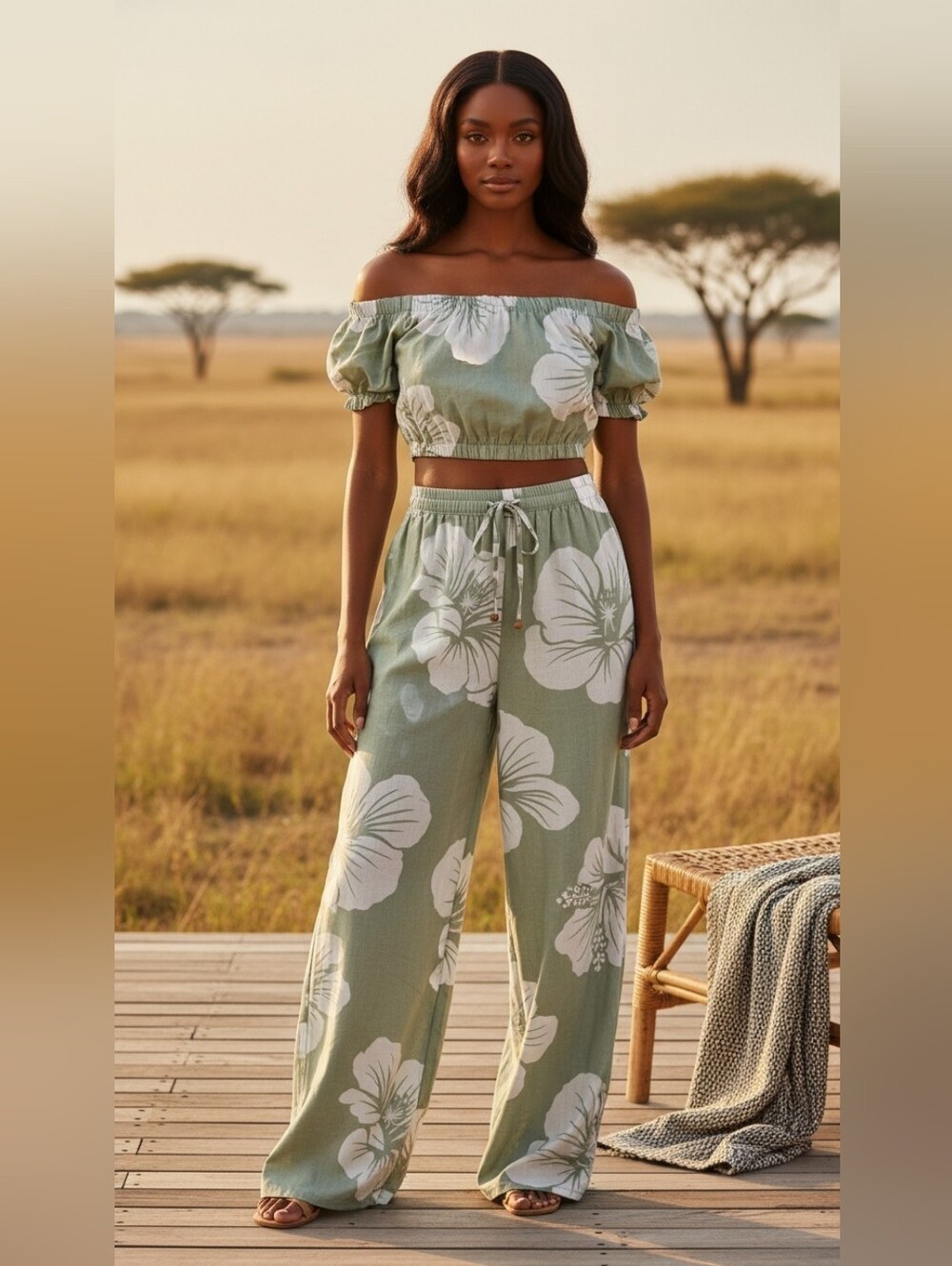 Salty Lemon Sage Green Floral Crop Top Wide Leg Pants Set Two Piece XL Boho